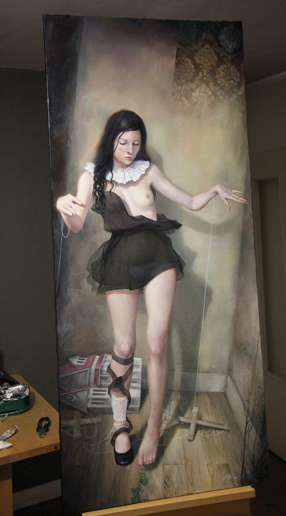 "No Doll" oil painting on the easel by Zancan