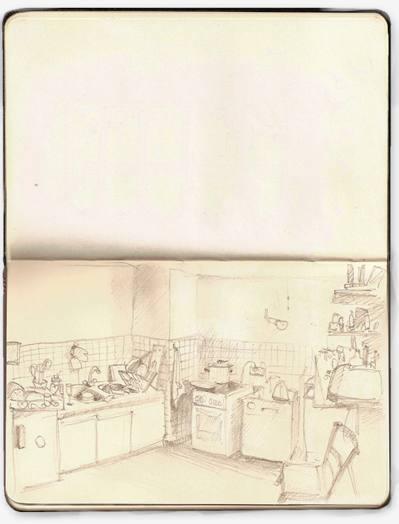 Insomniac drawing of a busy kitchen 