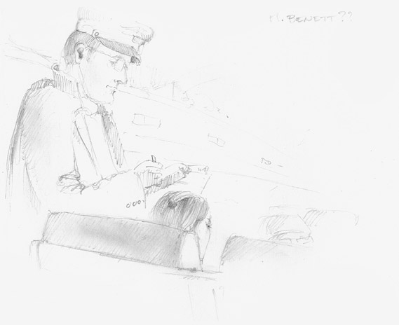 081006 Graphic pencil sketch of a railway agent controlling a girl