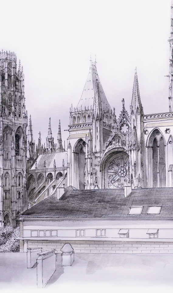 Dessin de la cathédrale de Rouen, encre et aquarelle